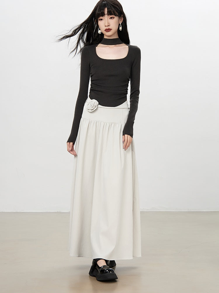 Flare A-Line Plain Rose Natural Long-Skirt