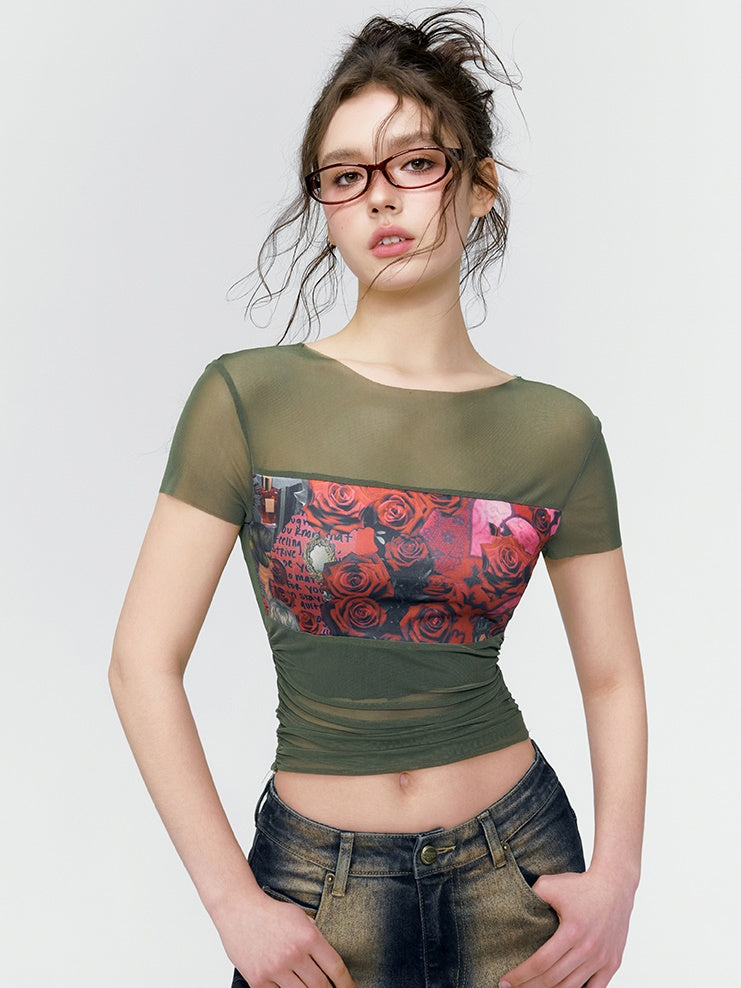 Rose Sheer Cropped Tight Print-T-Shirt