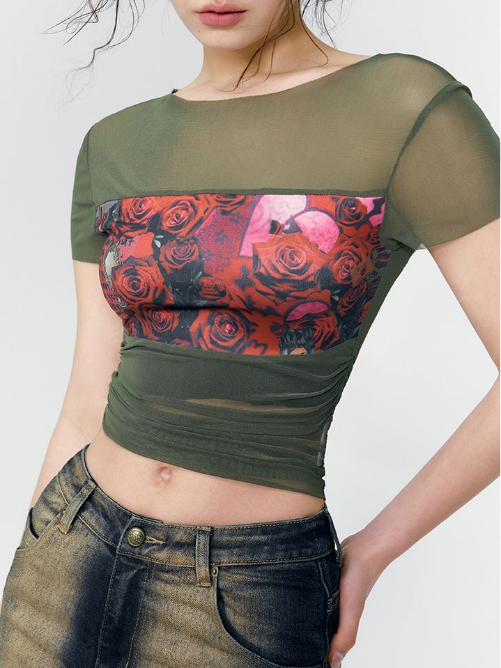 Rose Sheer Cropped Tight Print-T-Shirt