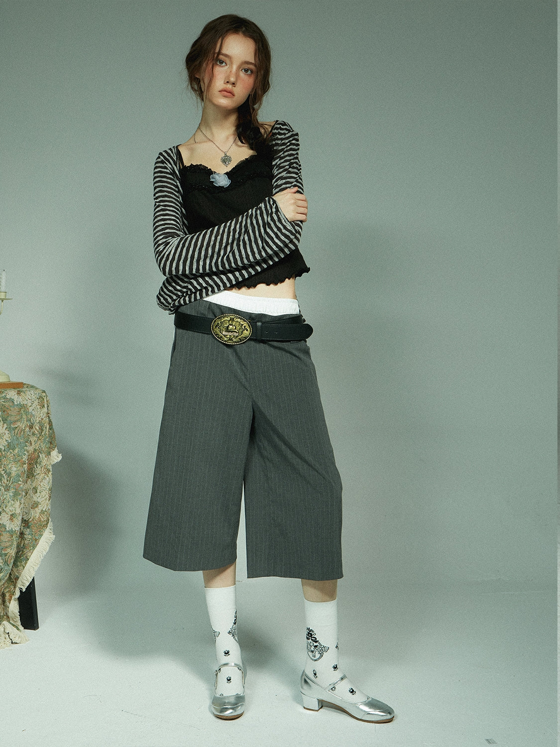 Stripe Wide Half Casual Relax Pants