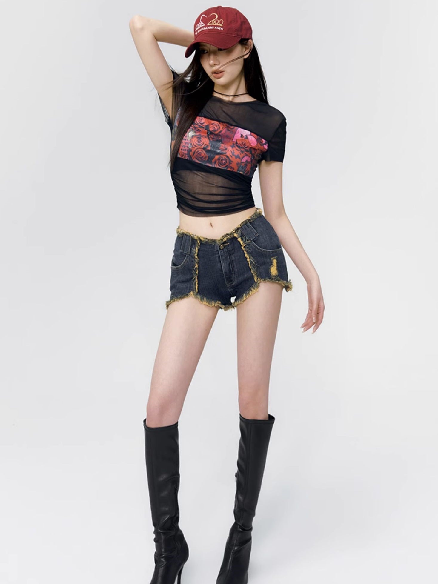 Rose Sheer Cropped Tight Print-T-Shirt