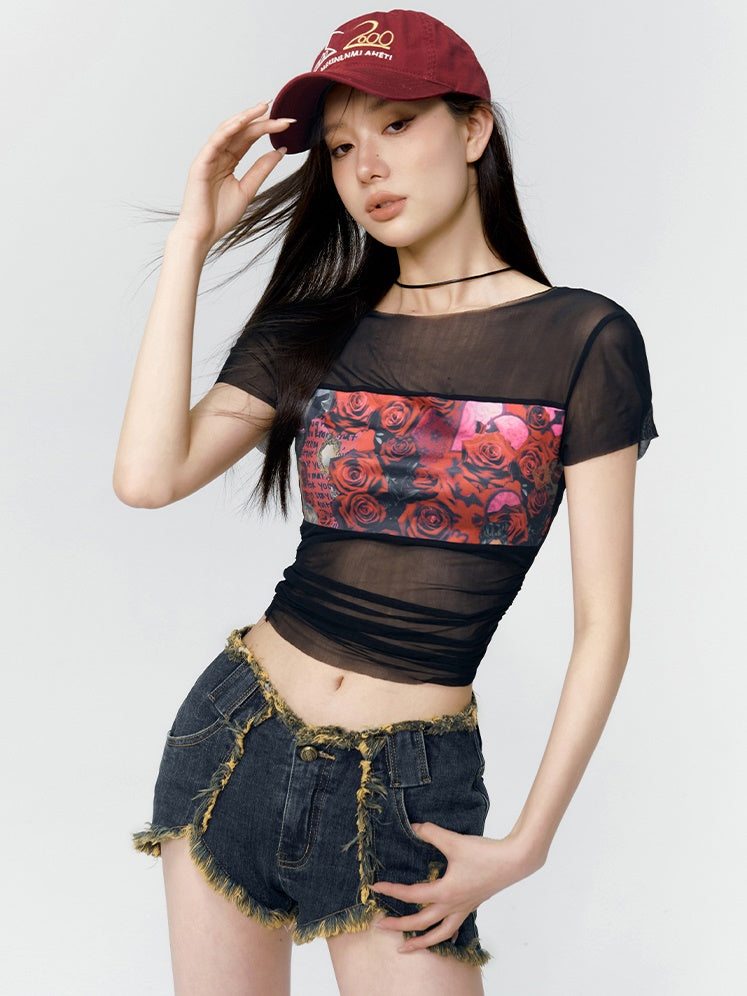 Rose Sheer Cropped Tight Print-T-Shirt