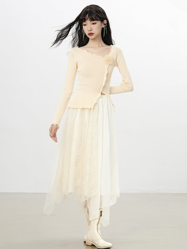 Tulle Ciffon Flower Lace Elegant Flare Long Hem-Skirt