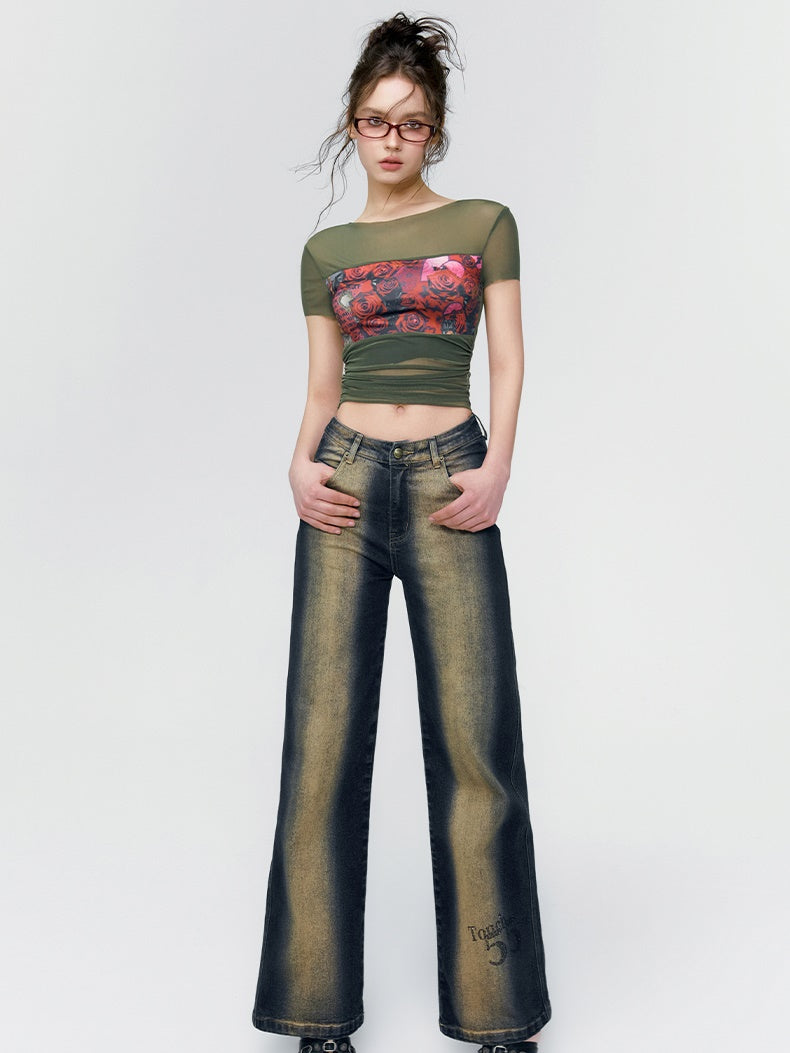 Rose Sheer Cropped Tight Print-T-Shirt