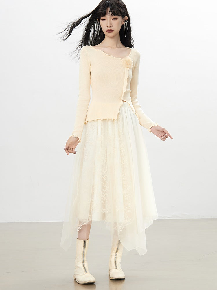 Tulle Ciffon Flower Lace Elegant Flare Long Hem-Skirt