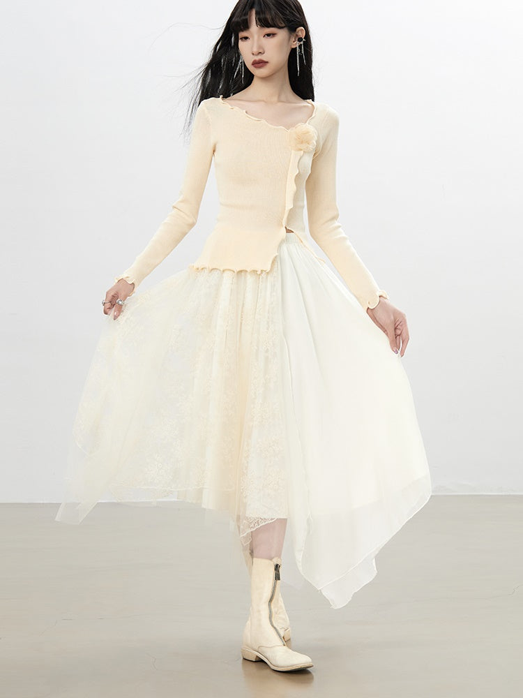 Tulle Ciffon Flower Lace Elegant Flare Long Hem-Skirt