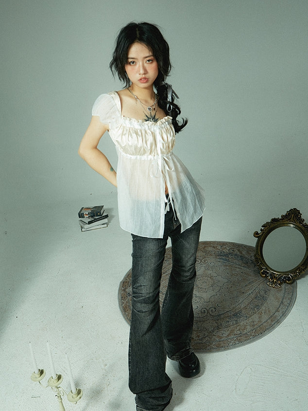 Drawstring Sheer Satin Blouse