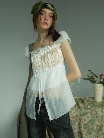 Drawstring Sheer Satin Blouse