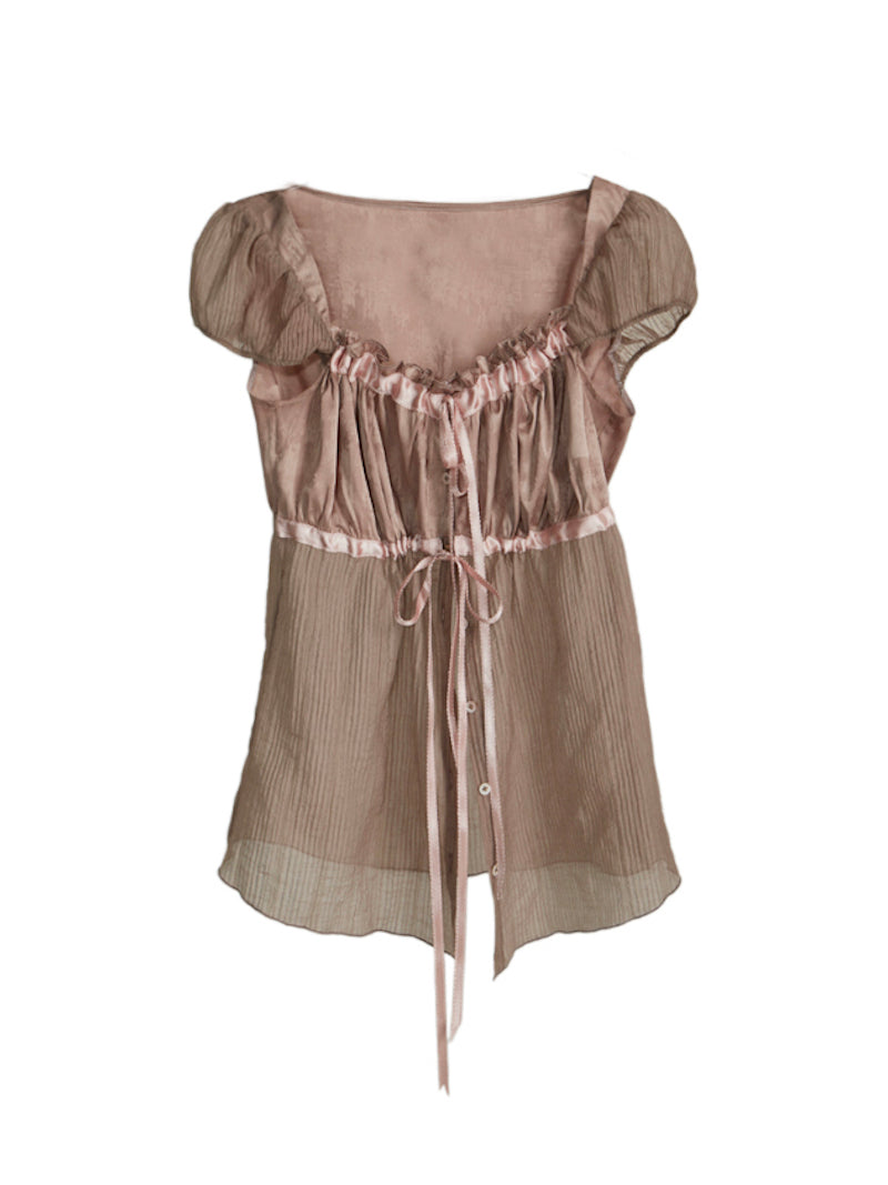 Drawstring Sheer Satin Blouse