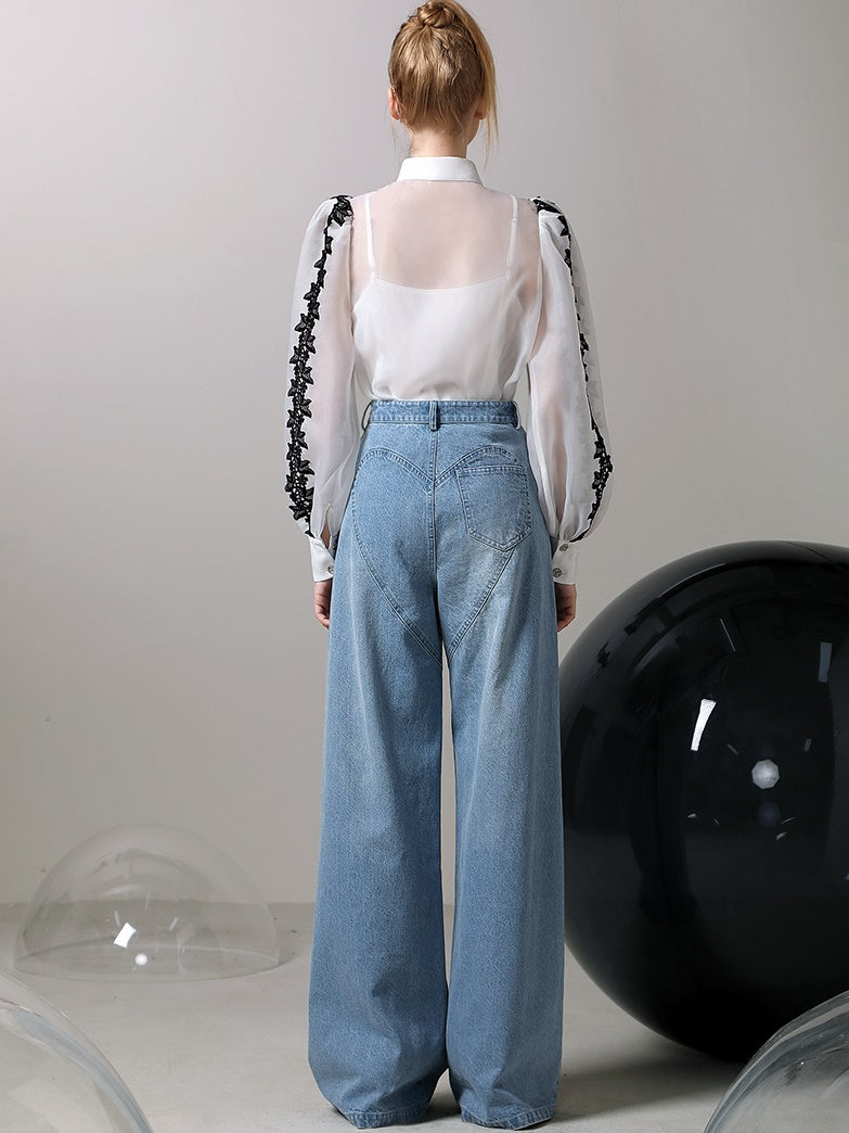 Denim Heart-Cut Bijou Nichi Wide-Pants