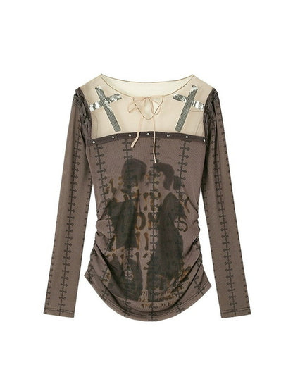 Sheer Mesh Cross Nichi Slim Long-Sleeve Tops