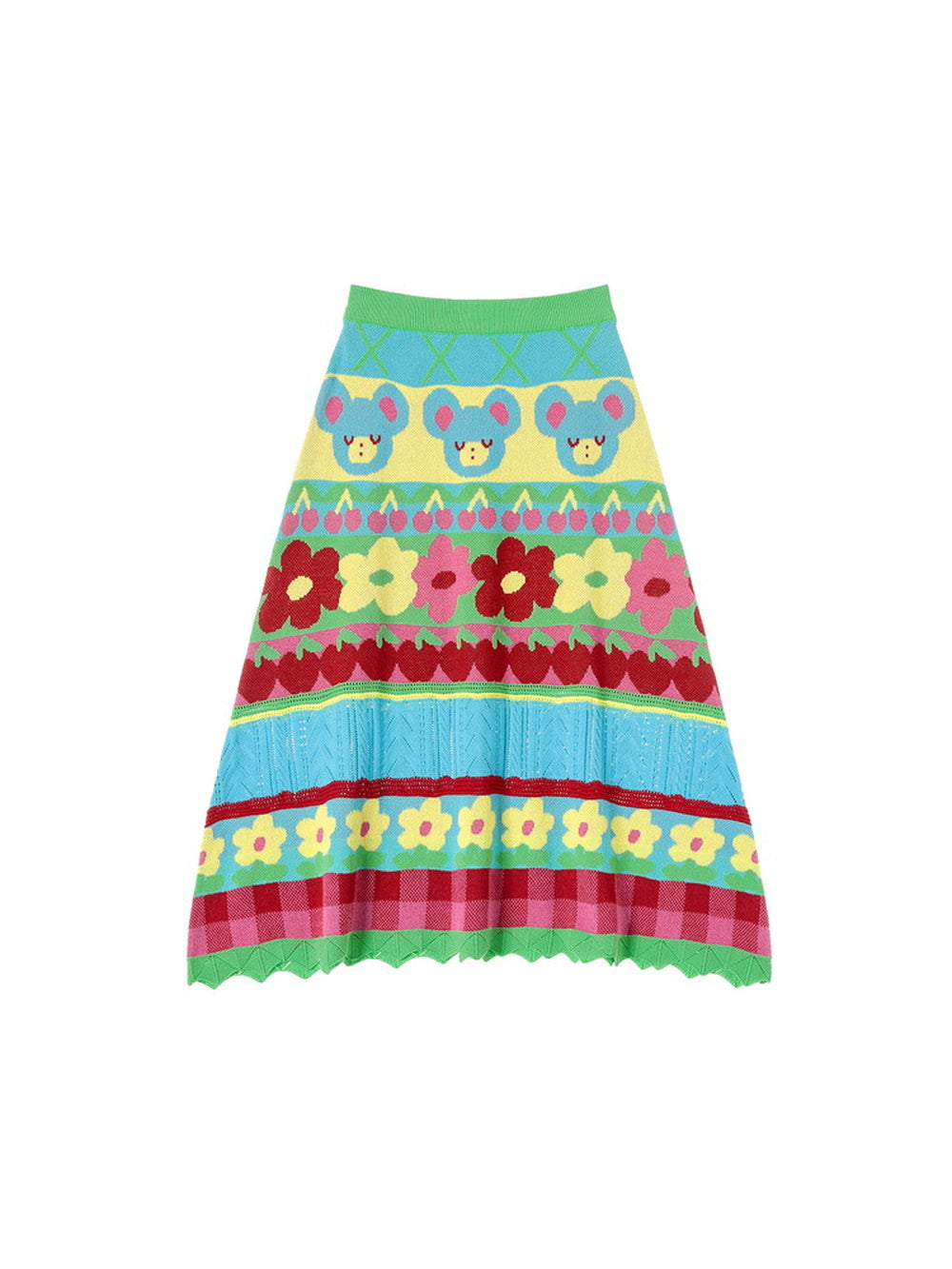 Flower A-Line Knit Colorful Border Bear Fancy Skirt