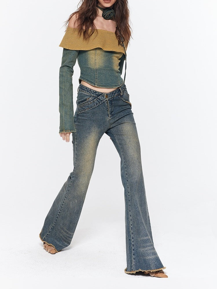 Verblasste Wrap Denim Off-Shoulder Vintage Tops &amp; Hosen