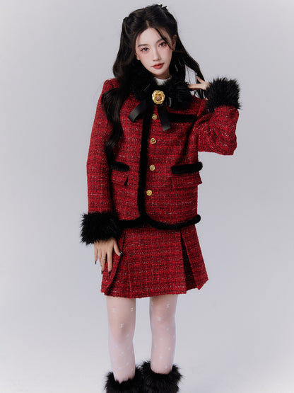 Wool Checked Retro Girly Suit Fur Ribbon Set-Up Jacket＆Mini-Skirt