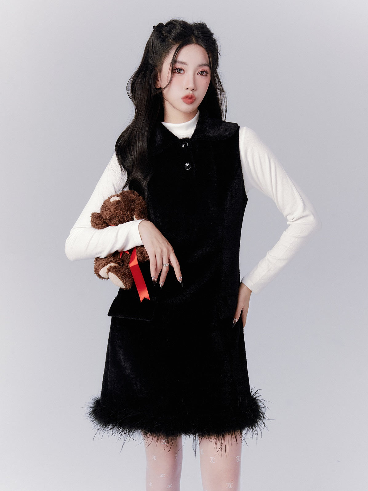 Fur Sleeveless Polo-Neck Cute Plain One-Piece