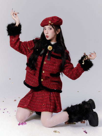 Wool Checked Retro Girly Suit Fur Ribbon Set-Up Jacket＆Mini-Skirt