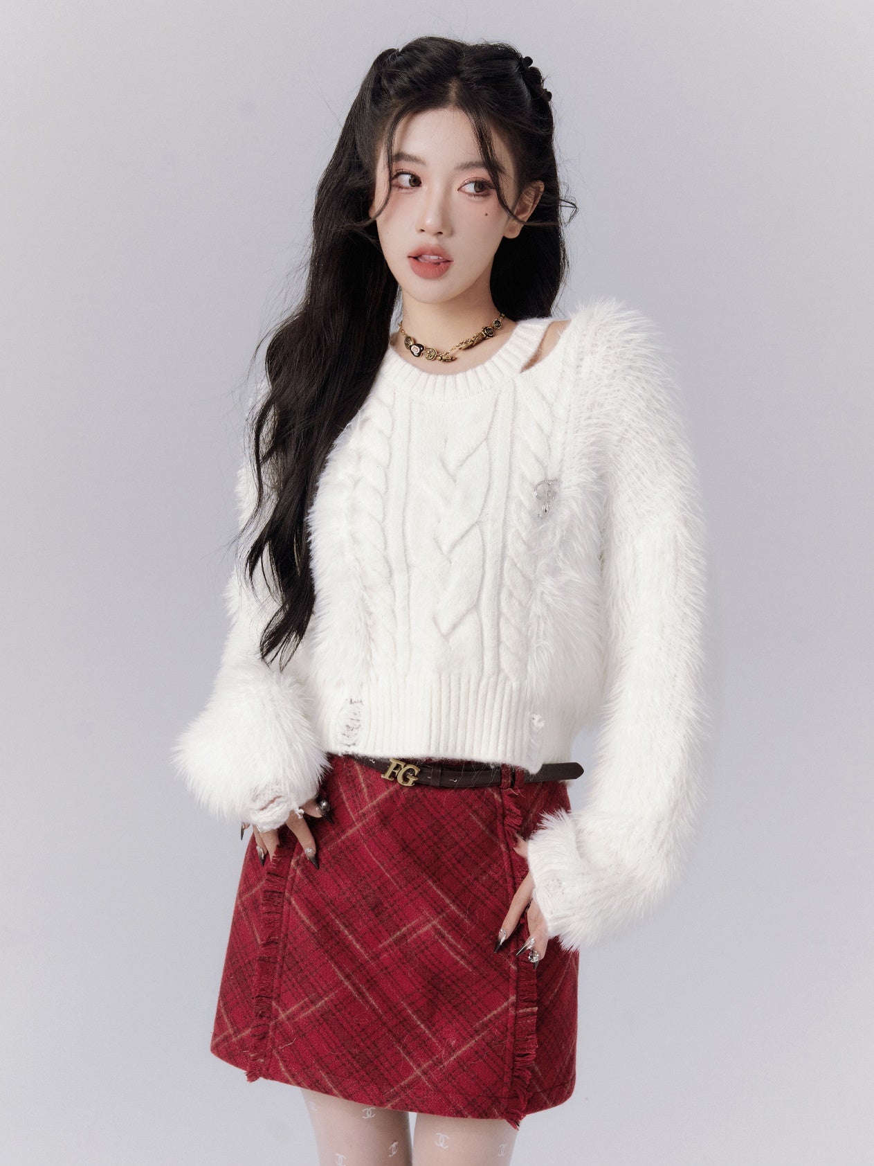 Open-Shoulder Fluffily Classy Short Mohair-Knit Cable-Knit