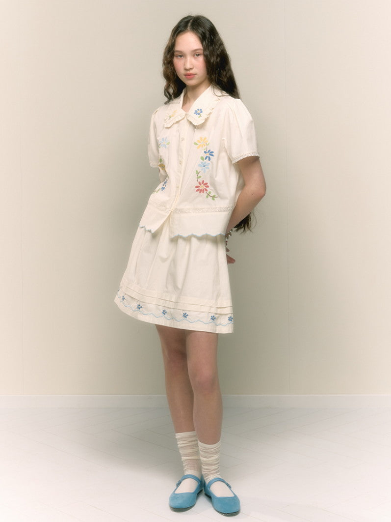 Embroidery Flower Retro Frill Girly Blouse＆Minis-Kirt