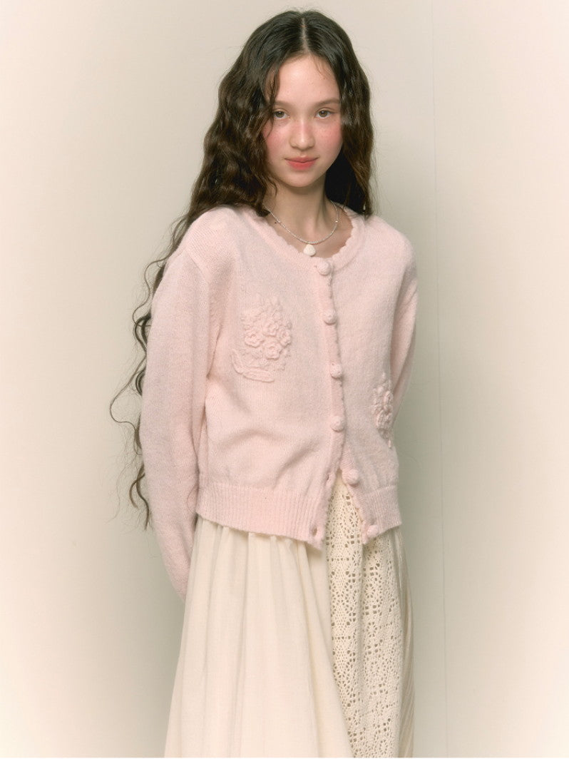 Crew-Neck Feminine Embroidery Pale Flower Cardigan