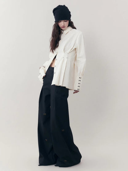 Curve Wrinkled Long-Cuffs Oversize Long-Shirt