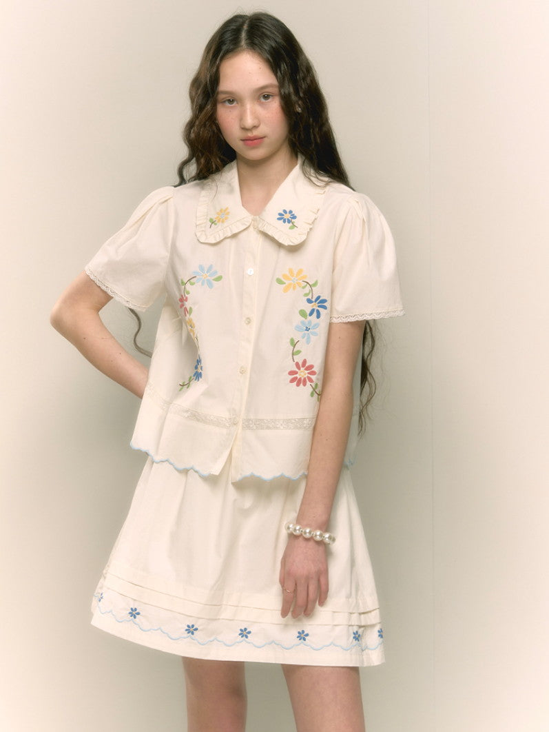 Embroidery Flower Retro Frill Girly Blouse＆Minis-Kirt