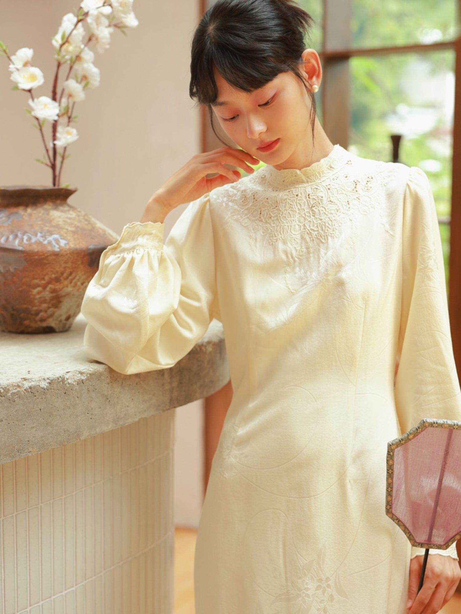 Embroidery China Mao-Collar Balloon-Sleeve Formal One-Piece