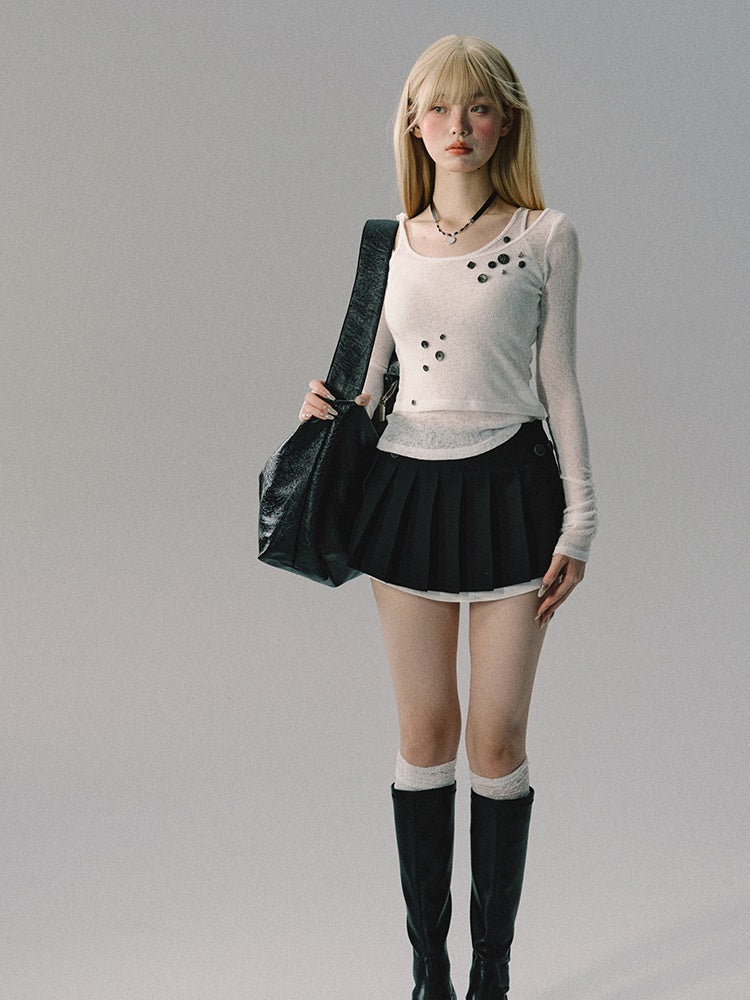 Fake-Layered Pleats Short Flare Micro-Mini Skirt