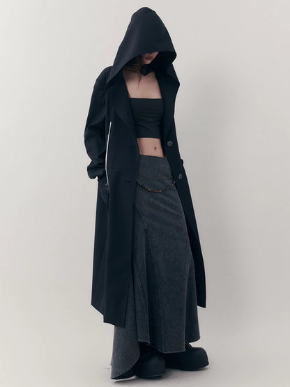 Hoodie Bi-Color Nichi Line Wool Long-Coat