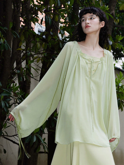 Loose Flare Long-Sleeve Sheer Blouse