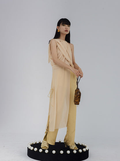 Nichi Ciffon Drape Asymmetry Sheer Cross Tops