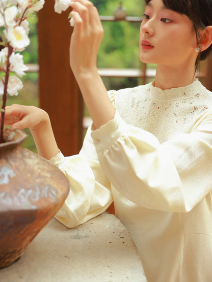 Embroidery China Mao-Collar Balloon-Sleeve Formal One-Piece