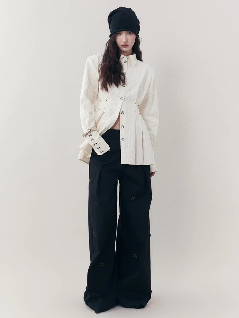 Curve Wrinkled Long-Cuffs Oversize Long-Shirt