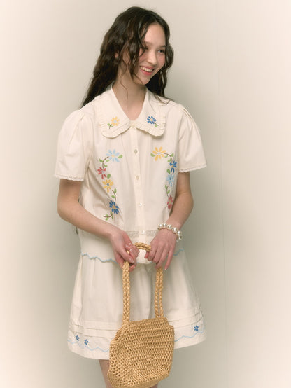 Embroidery Flower Retro Frill Girly Blouse＆Minis-Kirt