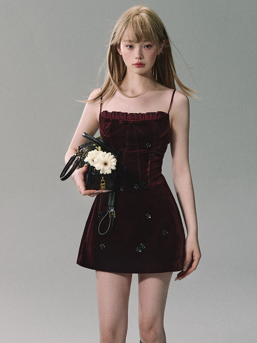 Velvet Short Shape Slim Pleats Dress