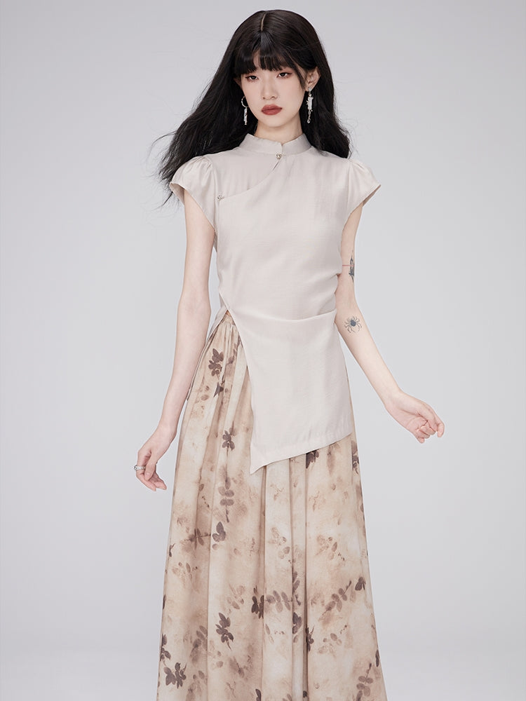 Asymmetry Flower Water-Color Retro Tops & Skirts