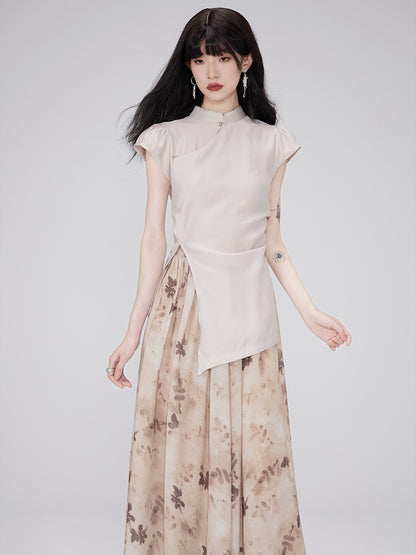 Asymmetry Flower Water-Color Retro Tops＆Skirt