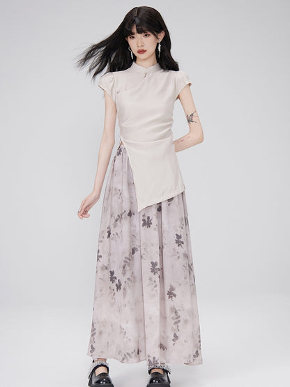 Asymmetry Flower Water-Color Retro Tops &amp; Skirts