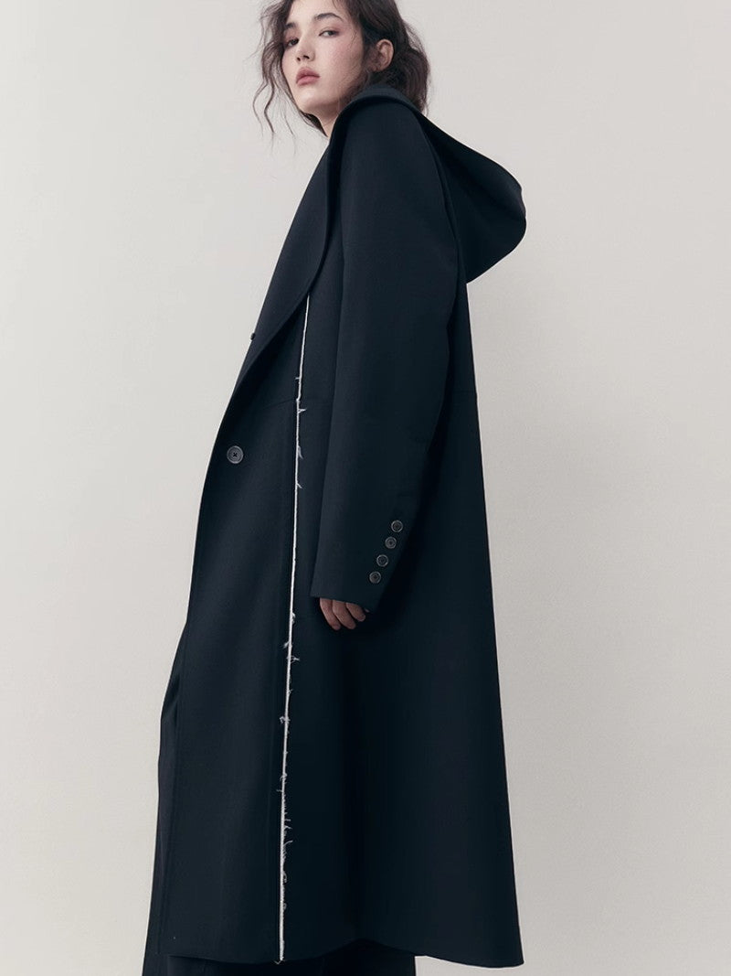 Hoodie Bi-Color Nichi Line Wool Long-Coat