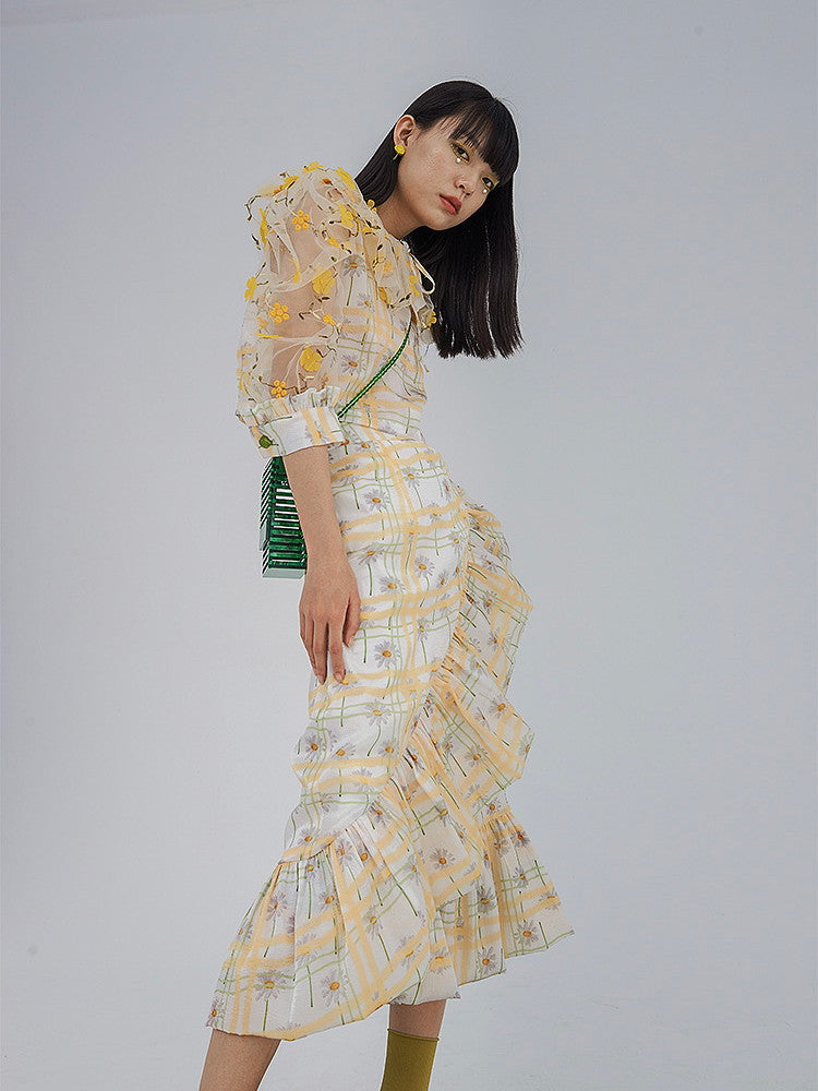 Wrap Flower Frill Girly Flare Retro Checked Long-Skirt