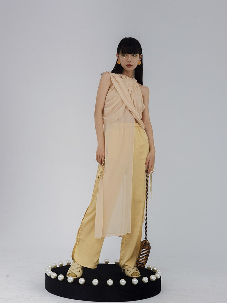 Nichi Ciffon Drape Asymmetry Sheer Cross Tops