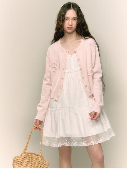 Crew-Neck Feminine Embroidery Pale Flower Cardigan