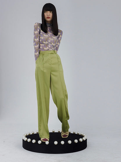 Straight Slacks Loose High-Waist Color-Pants