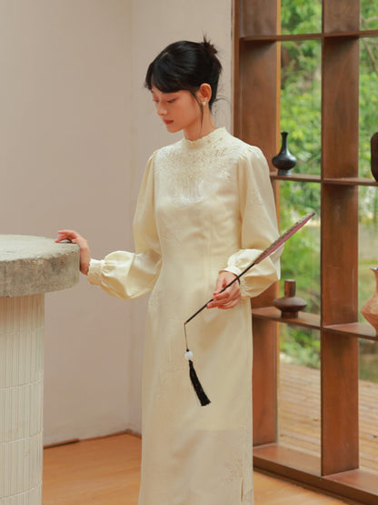 Embroidery China Mao-Collar Balloon-Sleeve Formal One-Piece