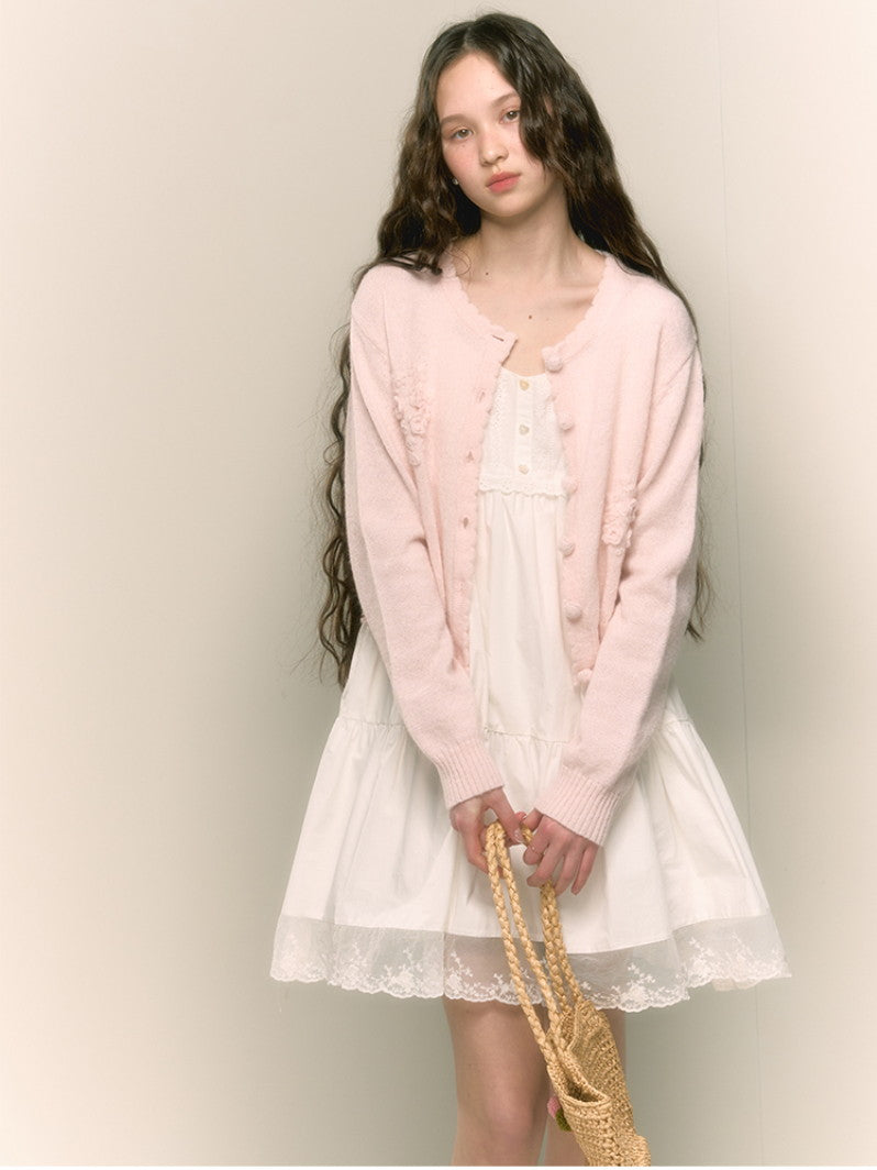 Crew-Neck Feminine Embroidery Pale Flower Cardigan