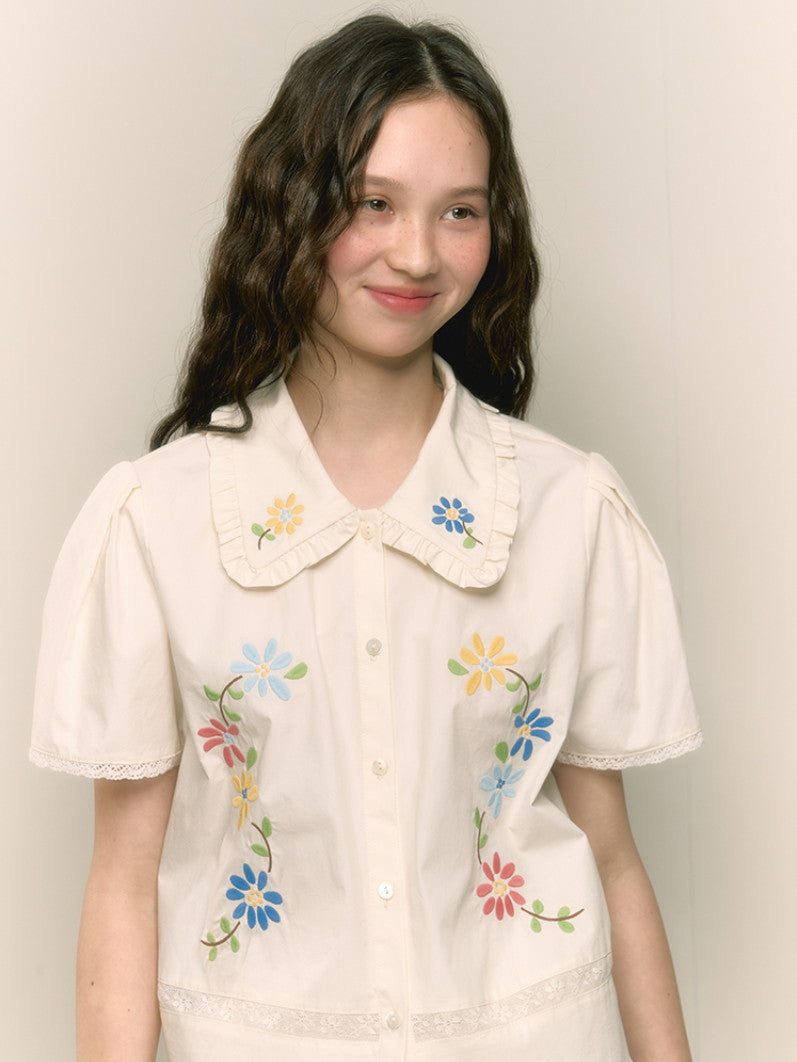 Embroidery Flower Retro Frill Girly Blouse＆Minis-Kirt