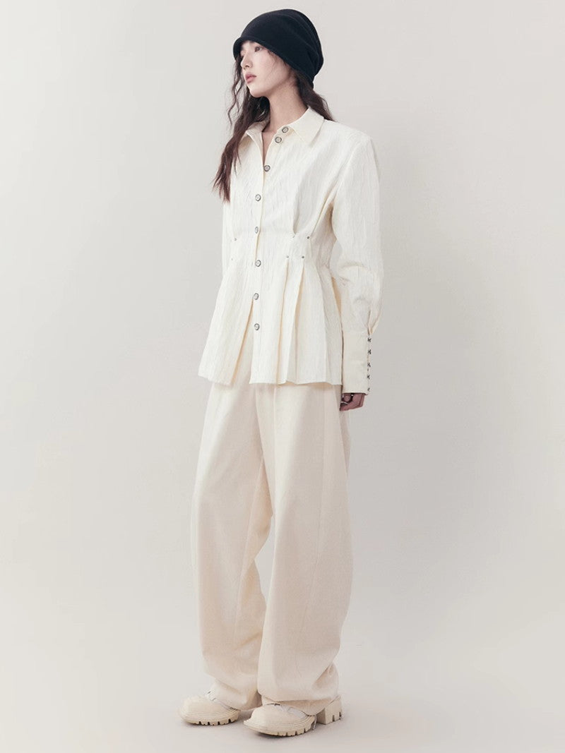 Curve Wrinkled Long-Cuffs Oversize Long-Shirt