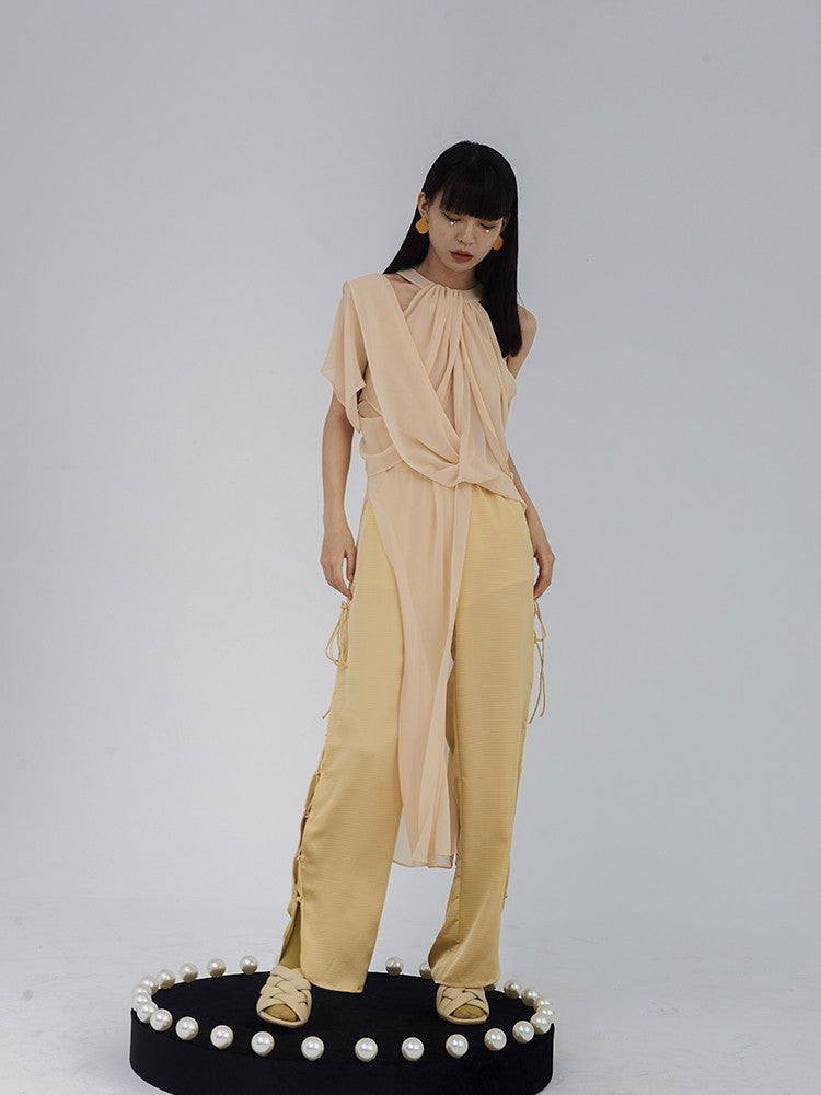 Nichi Ciffon Drape Asymmetry Sheer Cross Tops