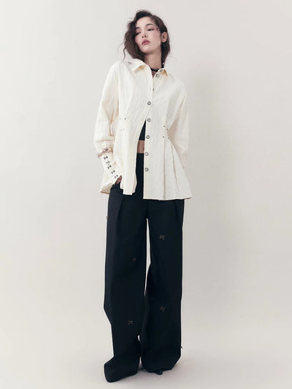 Curve Wrinkled Long-Cuffs Oversize Long-Shirt