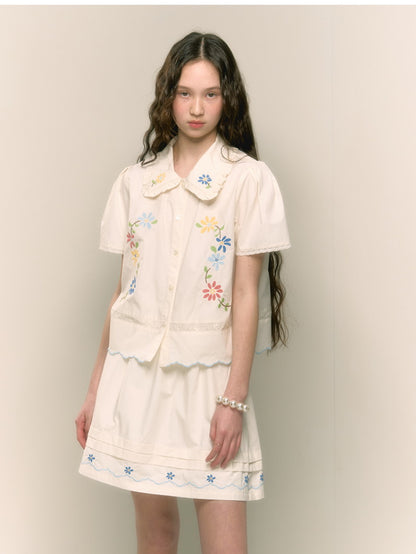 Embroidery Flower Retro Frill Girly Blouse＆Minis-Kirt