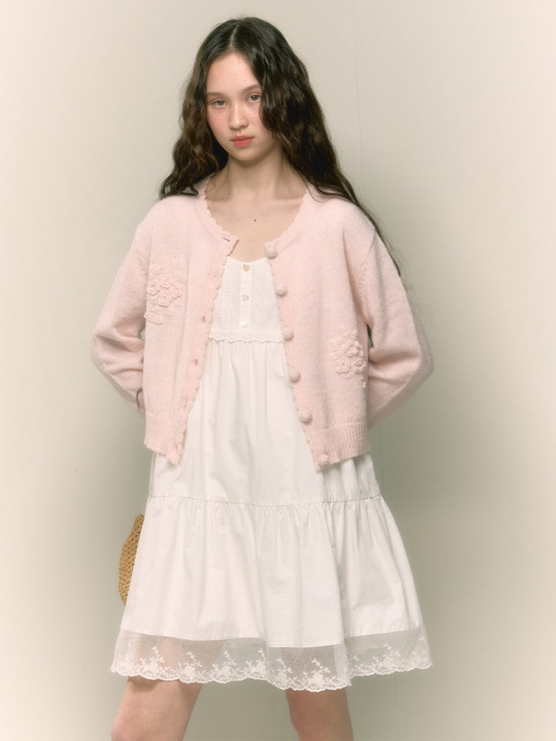 Crew-Neck Feminine Embroidery Pale Flower Cardigan